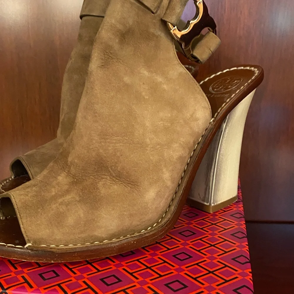 Tory Burch Suede Open-Toe Ankle Bootie in Taupe with Metallic Heel